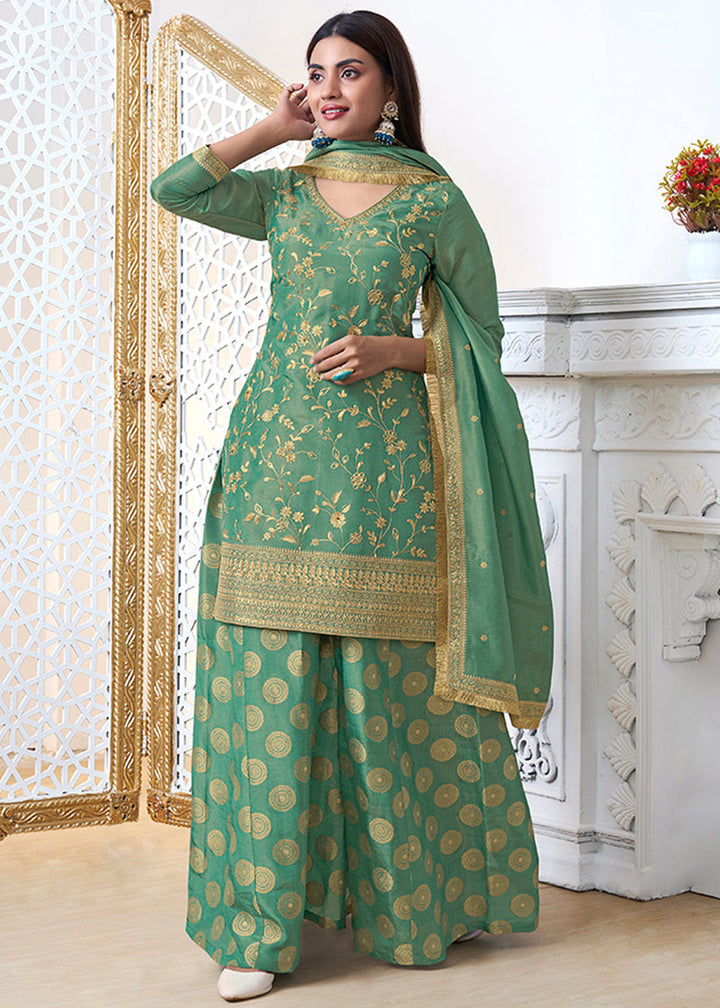 Mantis Green Tissue Silk Sharara Suit Set with Pitta Work and Gold Jhalar Dupatta