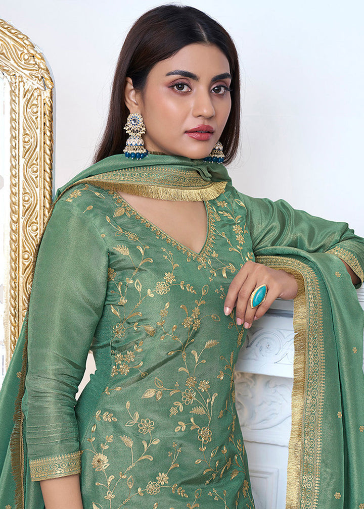 Mantis Green Tissue Silk Sharara Suit Set with Pitta Work and Gold Jhalar Dupatta