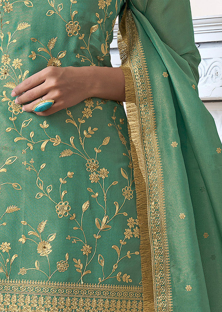 Mantis Green Tissue Silk Sharara Suit Set with Pitta Work and Gold Jhalar Dupatta