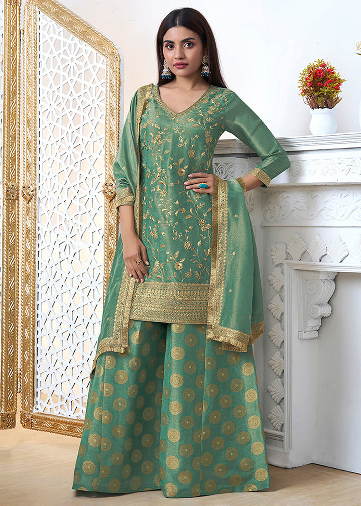 Mantis Green Tissue Silk Sharara Suit Set with Pitta Work and Gold Jhalar Dupatta