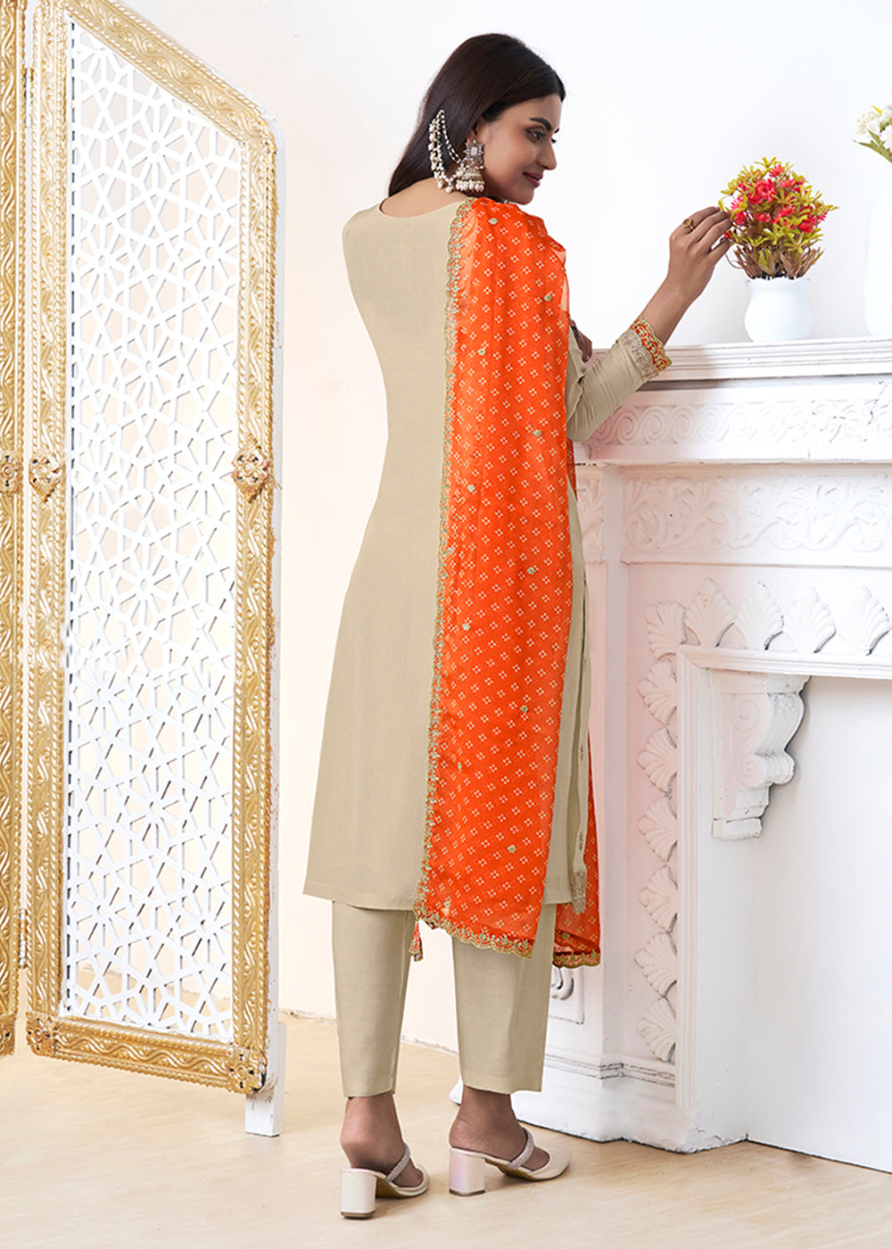 Light Brown Tissue Silk Kurta Suit Set with Bandhani Print and Contrast Dupatta