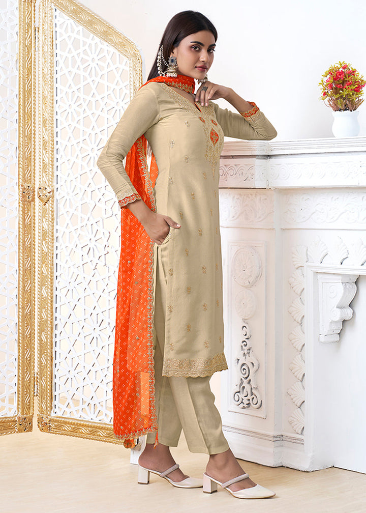 Light Brown Tissue Silk Kurta Suit Set with Bandhani Print and Contrast Dupatta