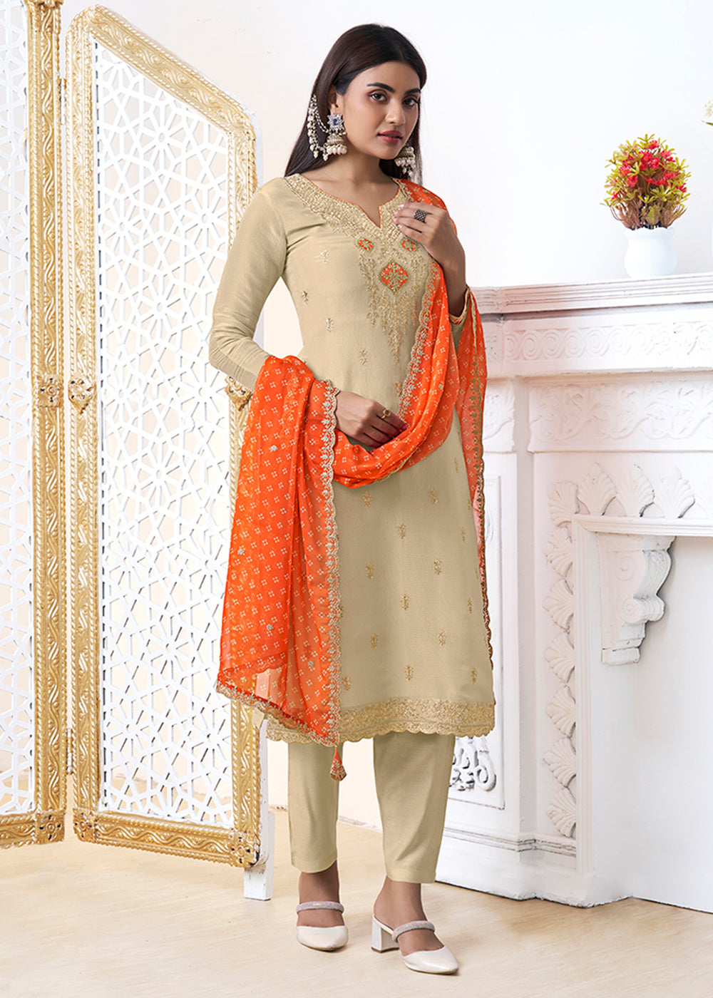 Light Brown Tissue Silk Kurta Suit Set with Bandhani Print and Contrast Dupatta