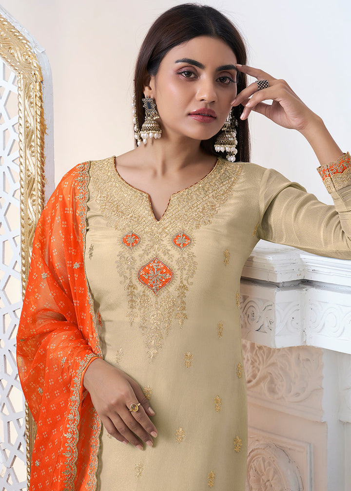 Light Brown Tissue Silk Kurta Suit Set with Bandhani Print and Contrast Dupatta