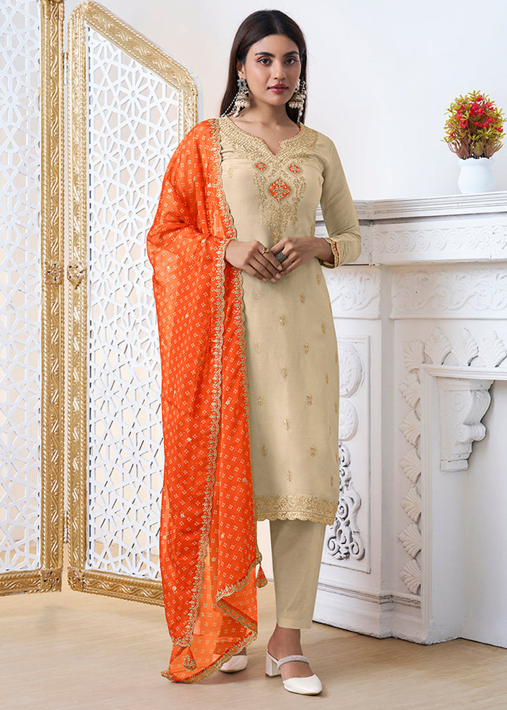 Light Brown Tissue Silk Kurta Suit Set with Bandhani Print and Contrast Dupatta