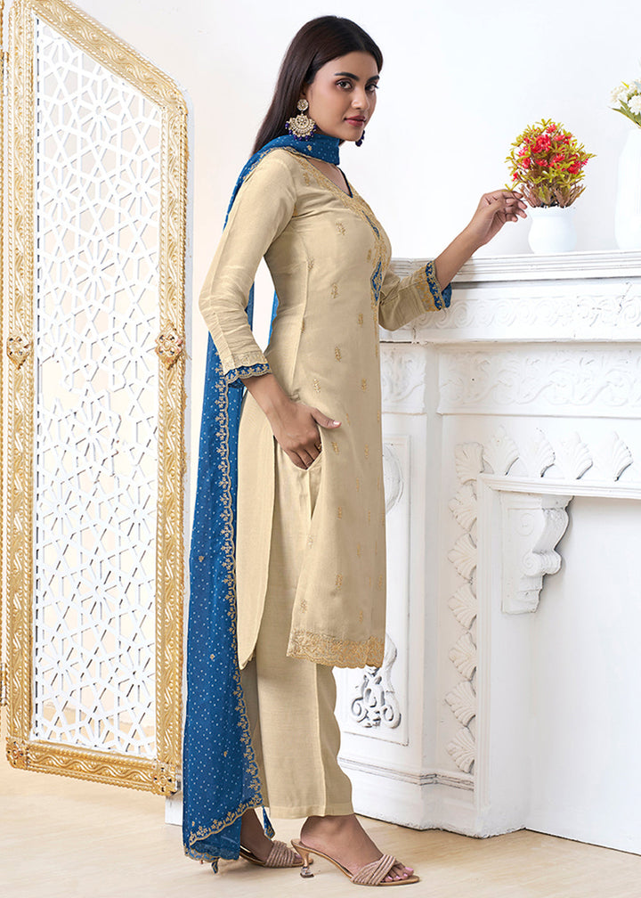 Tan Brown Tissue Silk Kurta Suit Set with Bandhani Print and Contrast Dupatta