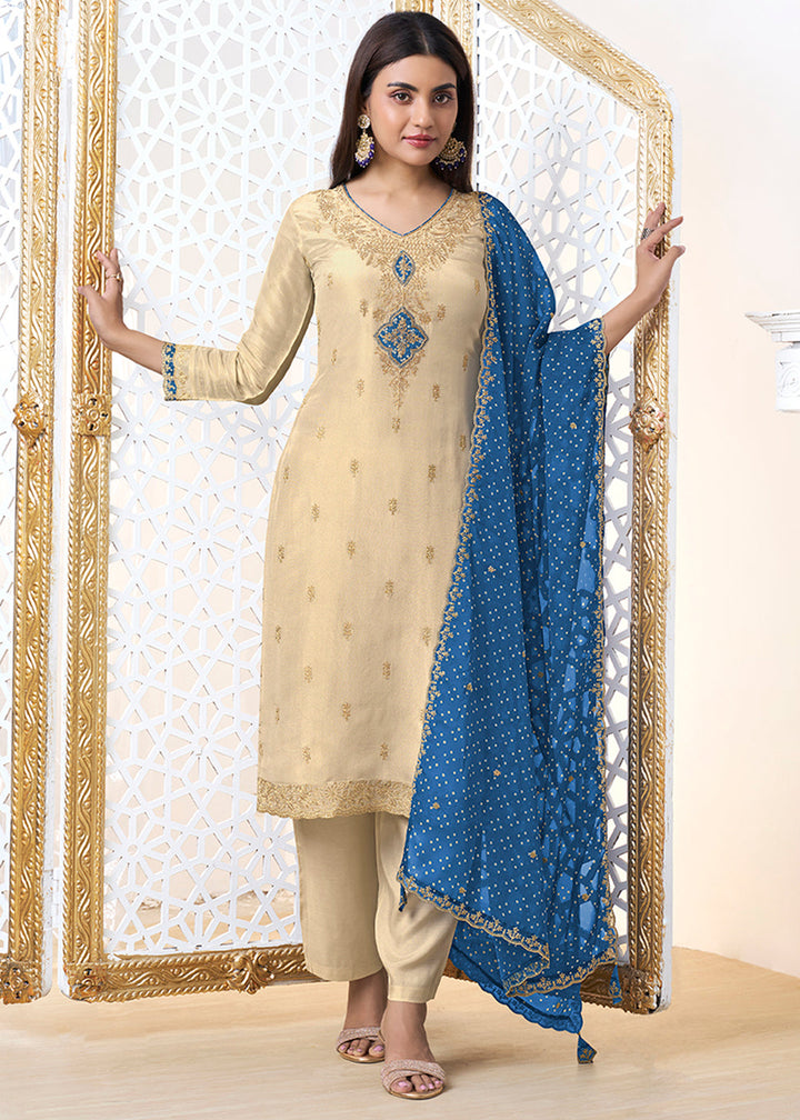 Tan Brown Tissue Silk Kurta Suit Set with Bandhani Print and Contrast Dupatta