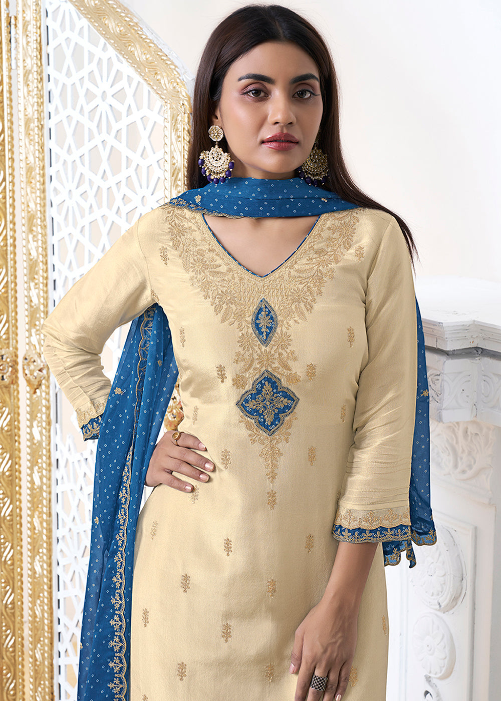 Tan Brown Tissue Silk Kurta Suit Set with Bandhani Print and Contrast Dupatta