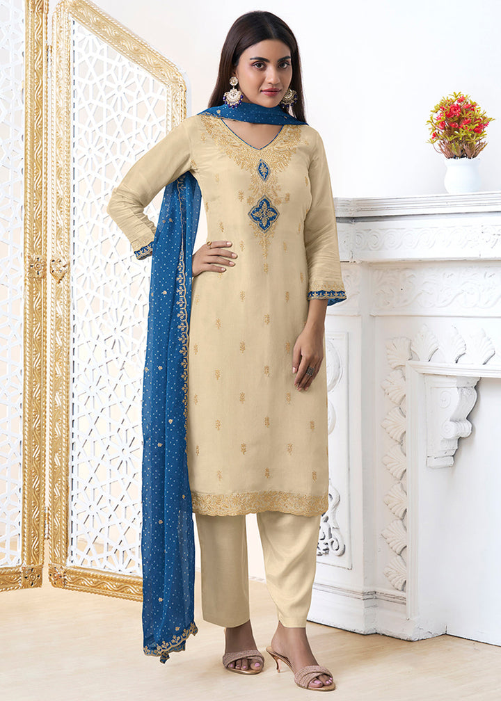 Tan Brown Tissue Silk Kurta Suit Set with Bandhani Print and Contrast Dupatta