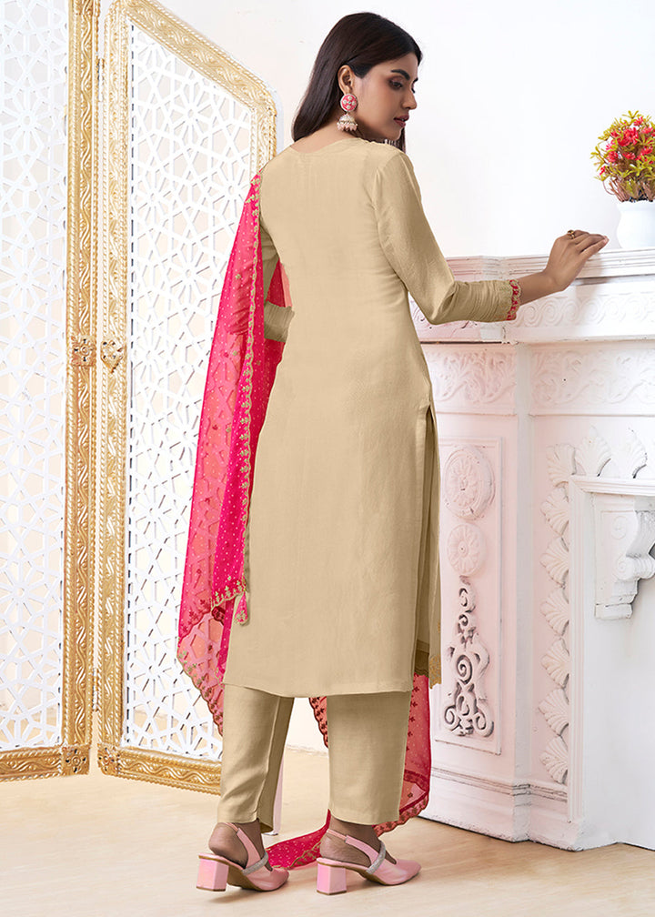 Oat Brown Tissue Silk Kurta Suit Set with Bandhani Print and Contrast Dupatta