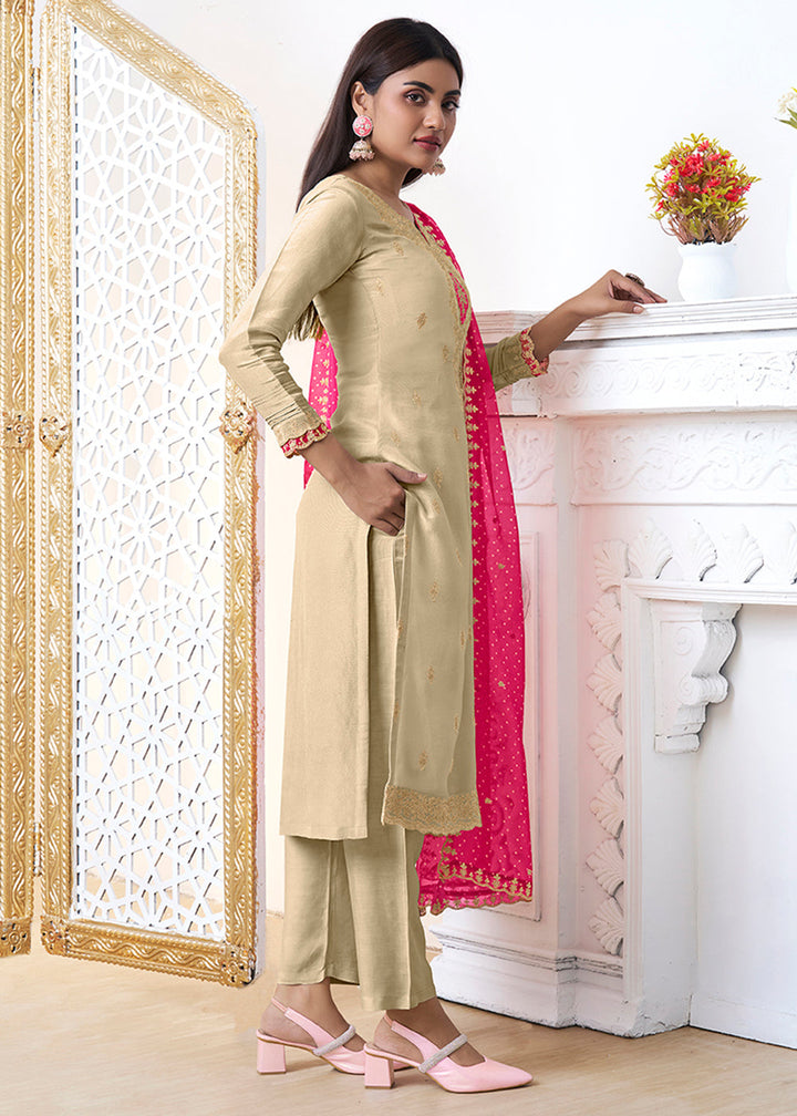 Oat Brown Tissue Silk Kurta Suit Set with Bandhani Print and Contrast Dupatta