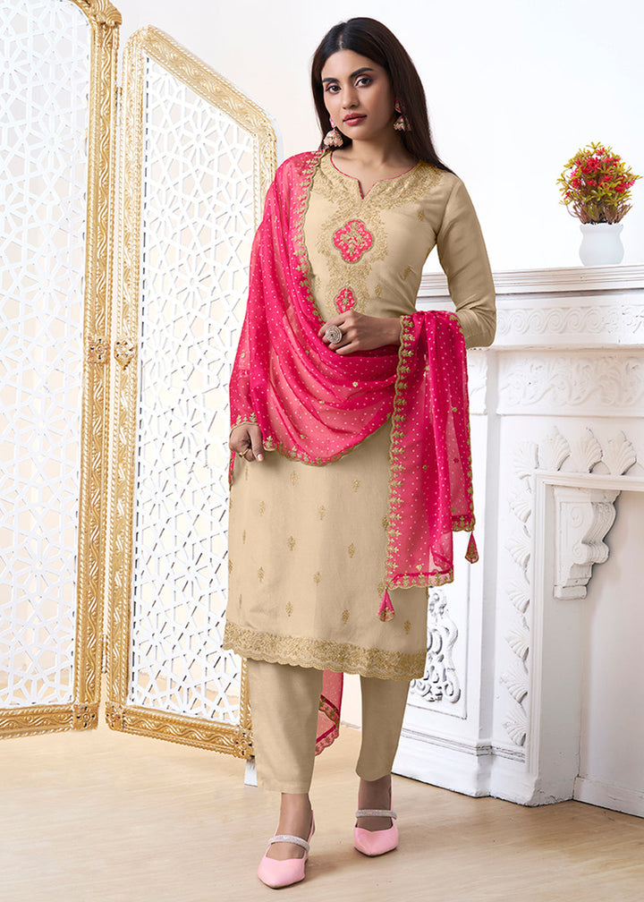 Oat Brown Tissue Silk Kurta Suit Set with Bandhani Print and Contrast Dupatta