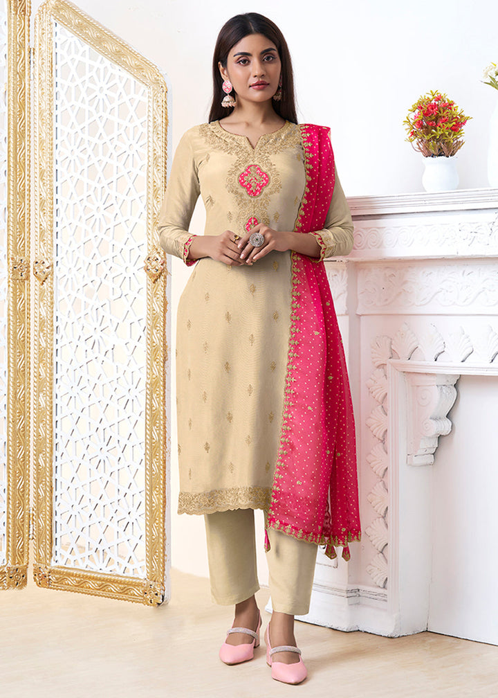 Oat Brown Tissue Silk Kurta Suit Set with Bandhani Print and Contrast Dupatta