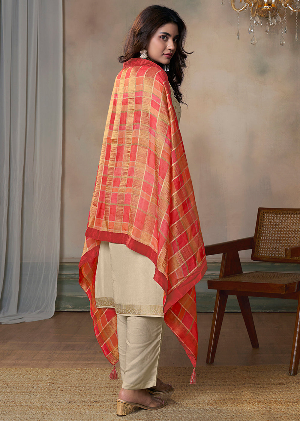 Light Brown Dola Silk Kurta Suit Set with Jacquard Weave and Digital Print Dupatta