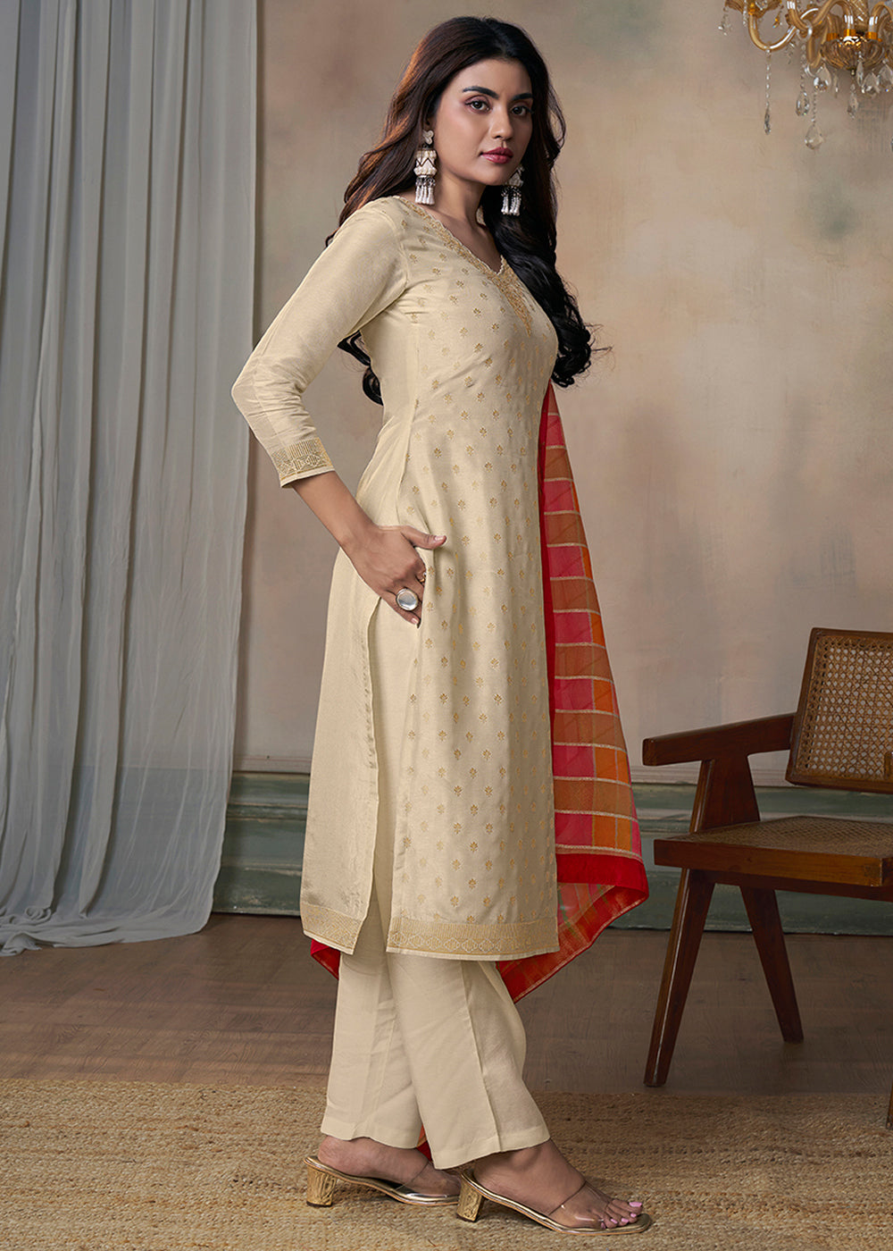 Light Brown Dola Silk Kurta Suit Set with Jacquard Weave and Digital Print Dupatta