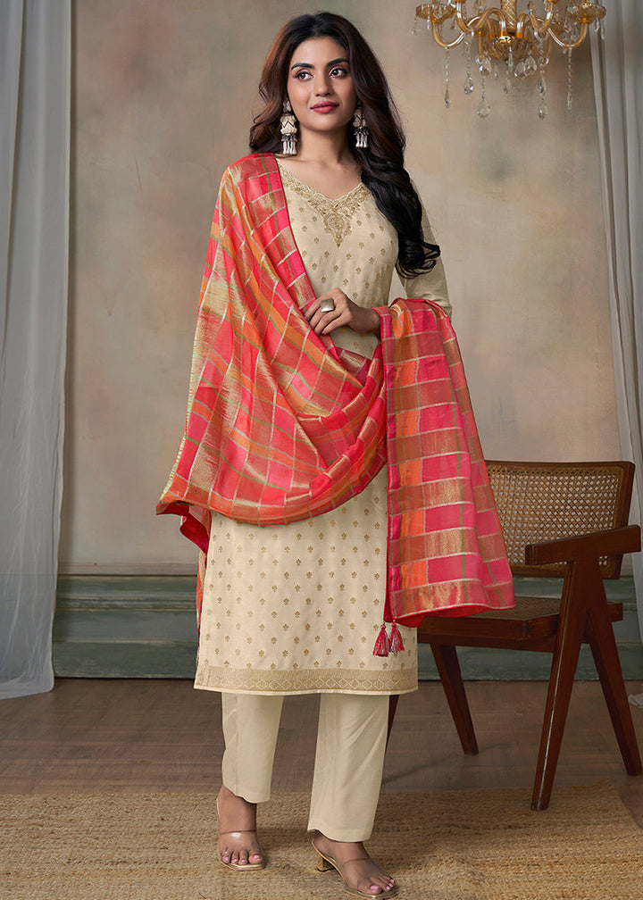 Light Brown Dola Silk Kurta Suit Set with Jacquard Weave and Digital Print Dupatta