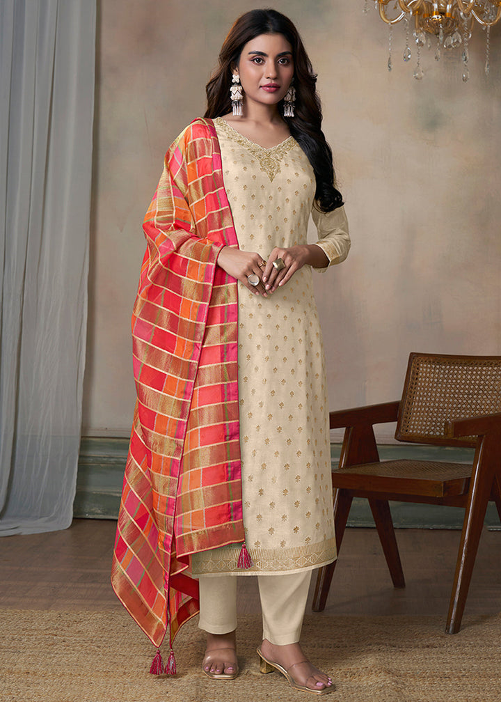 Light Brown Dola Silk Kurta Suit Set with Jacquard Weave and Digital Print Dupatta