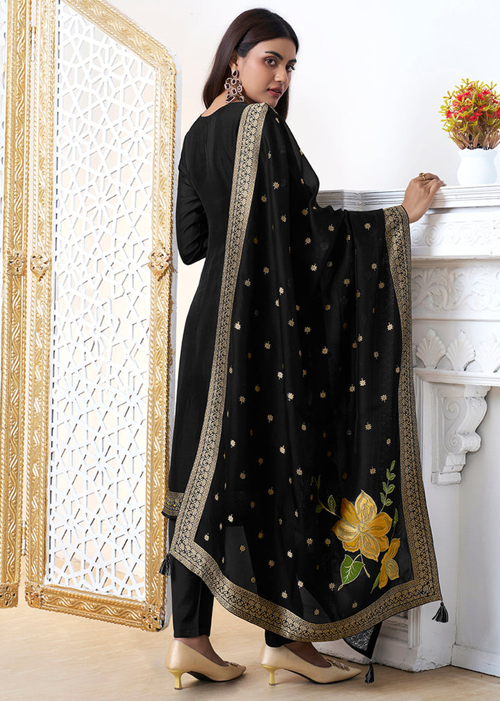 Midnight Black Jacquard Weave Kurta Suit Set with Floral Top-Dyed Design