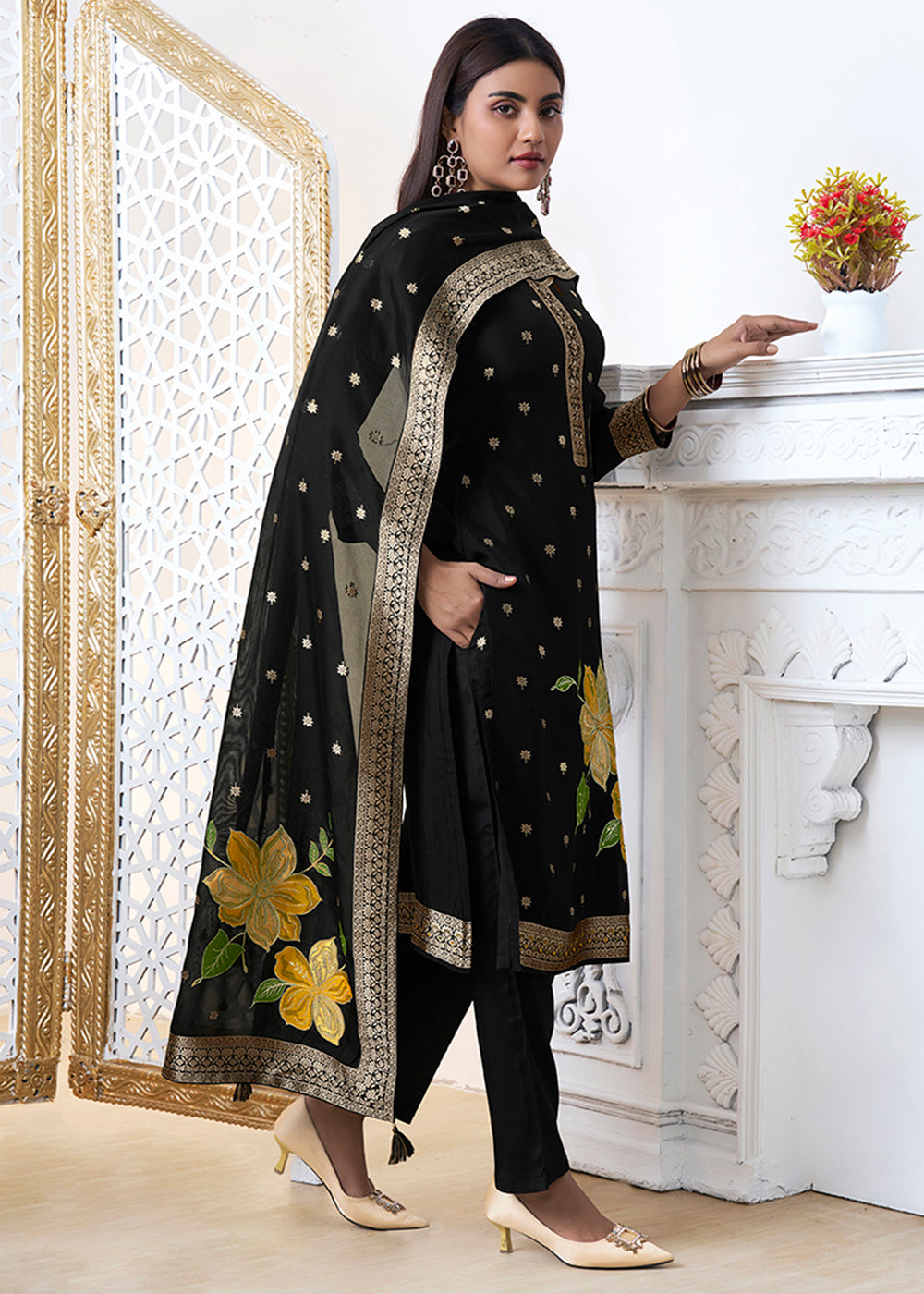 Midnight Black Jacquard Weave Kurta Suit Set with Floral Top-Dyed Design