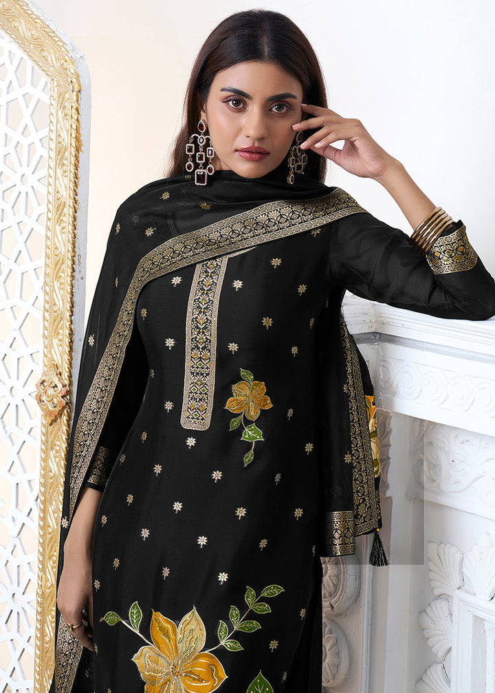 Midnight Black Jacquard Weave Kurta Suit Set with Floral Top-Dyed Design