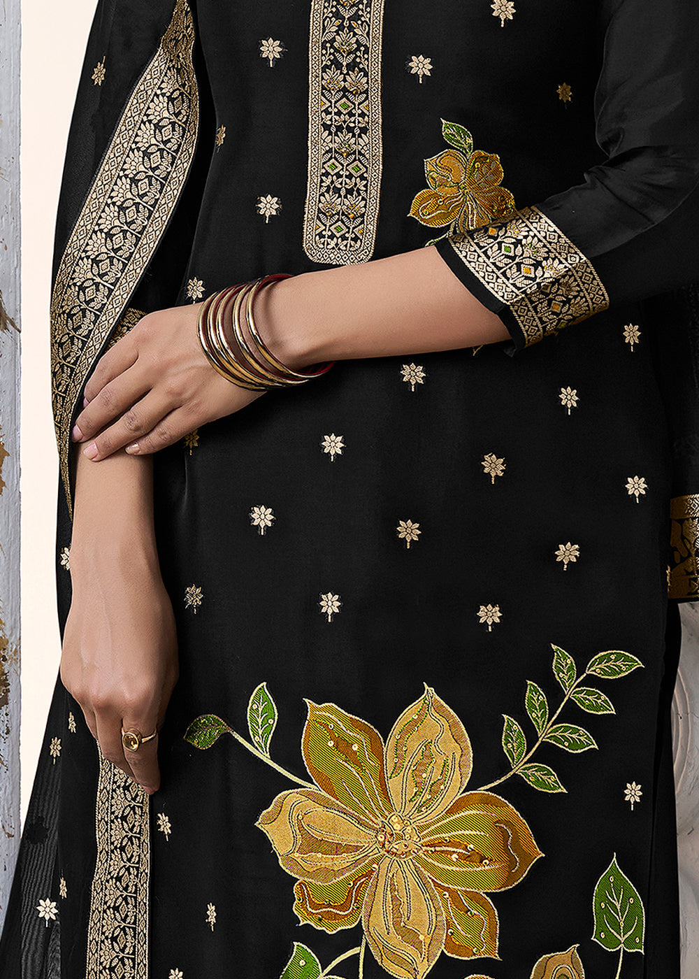 Midnight Black Jacquard Weave Kurta Suit Set with Floral Top-Dyed Design