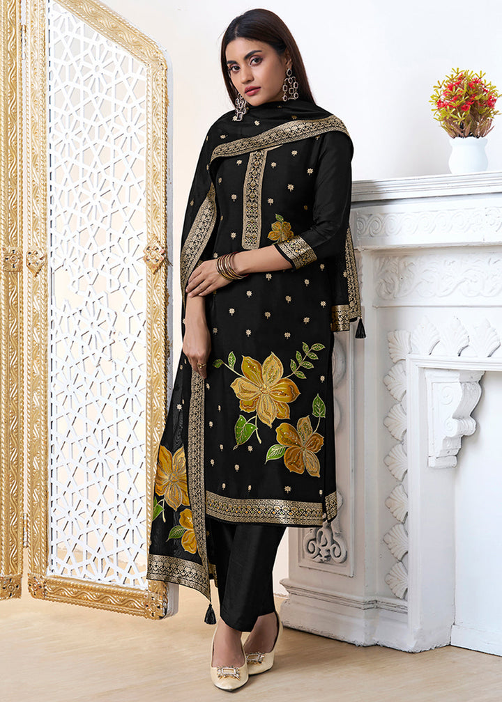 Midnight Black Jacquard Weave Kurta Suit Set with Floral Top-Dyed Design