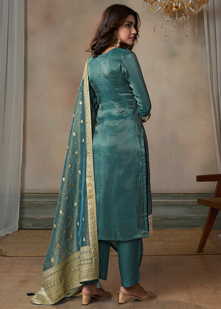 Celadon Blue Tissue Silk Kurta Suit Set with Intricate Pitta Work