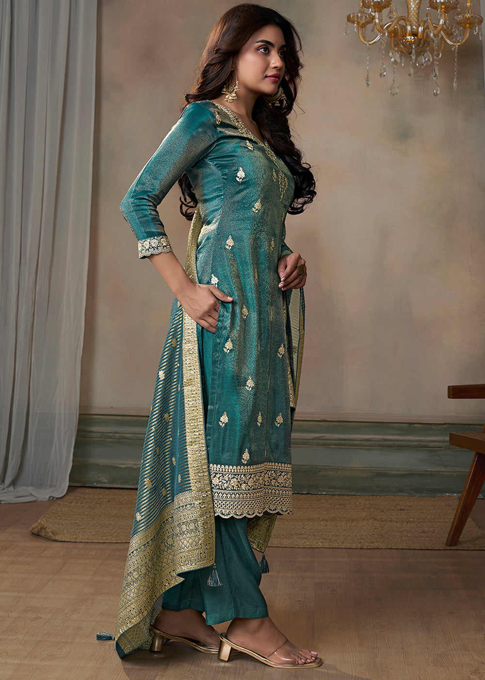 Celadon Blue Tissue Silk Kurta Suit Set with Intricate Pitta Work