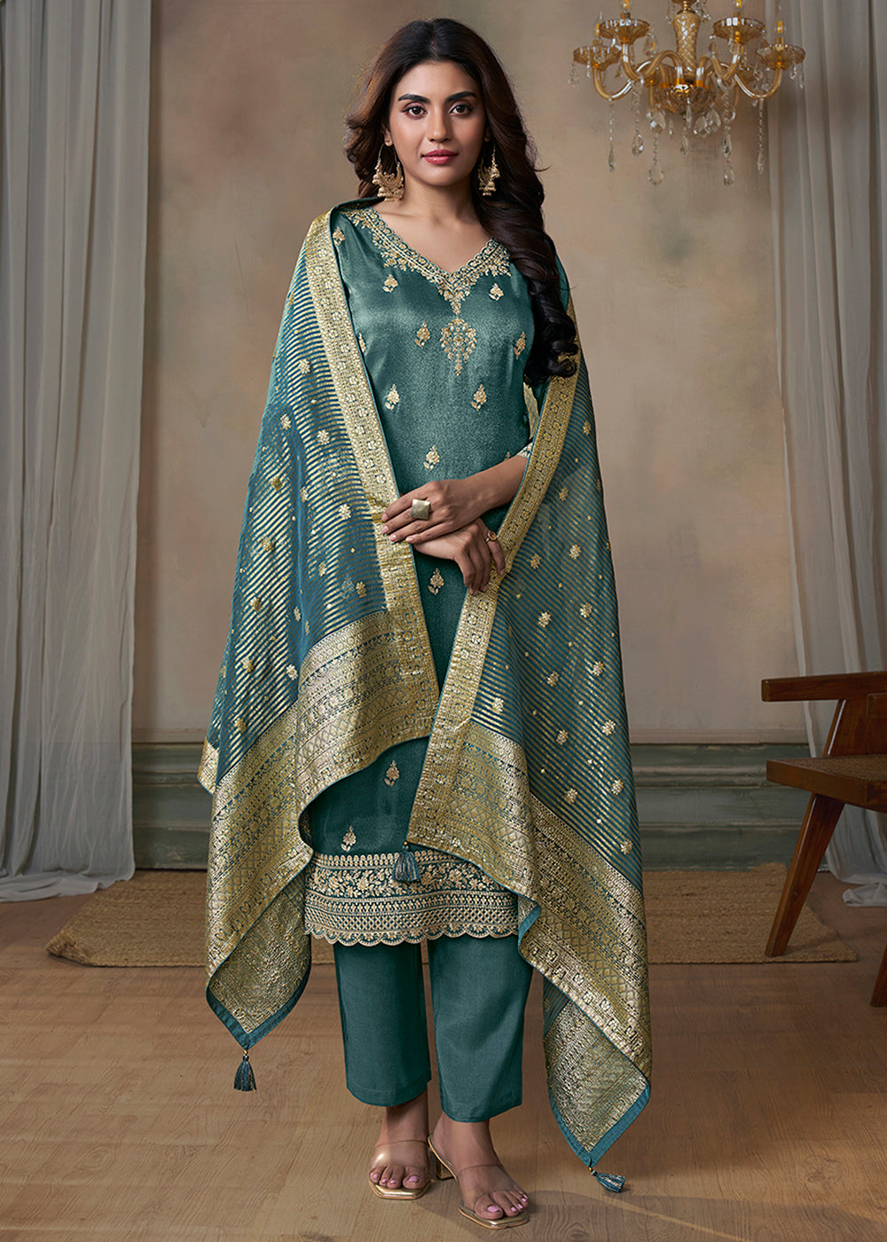 Celadon Blue Tissue Silk Kurta Suit Set with Intricate Pitta Work