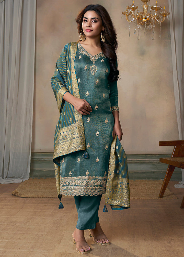 Celadon Blue Tissue Silk Kurta Suit Set with Intricate Pitta Work