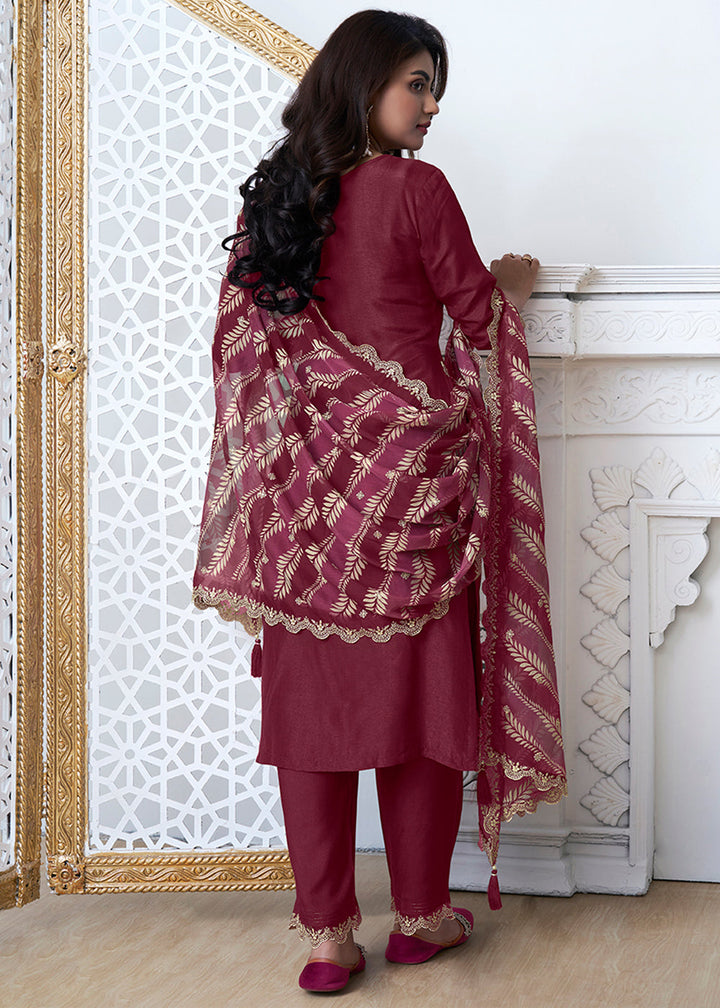 Wine Red Dola Silk Kurta Suit Set Featuring Thread Buttas and Digital Print Dupatta