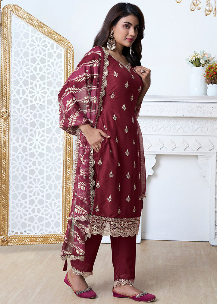 Wine Red Dola Silk Kurta Suit Set Featuring Thread Buttas and Digital Print Dupatta