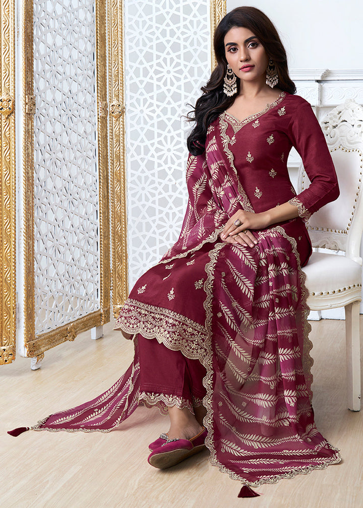 Wine Red Dola Silk Kurta Suit Set Featuring Thread Buttas and Digital Print Dupatta