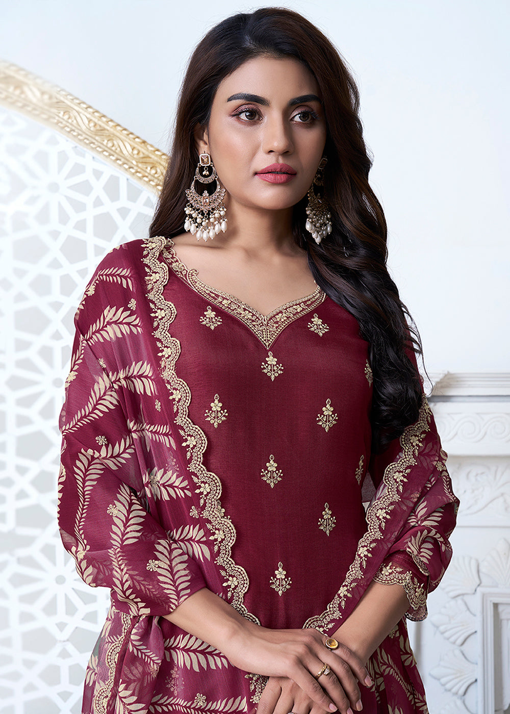 Wine Red Dola Silk Kurta Suit Set Featuring Thread Buttas and Digital Print Dupatta