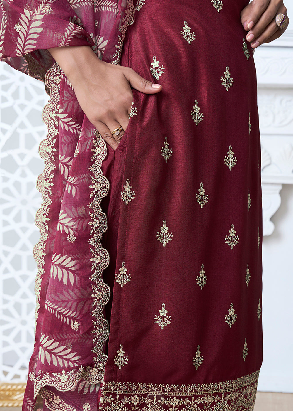 Wine Red Dola Silk Kurta Suit Set Featuring Thread Buttas and Digital Print Dupatta