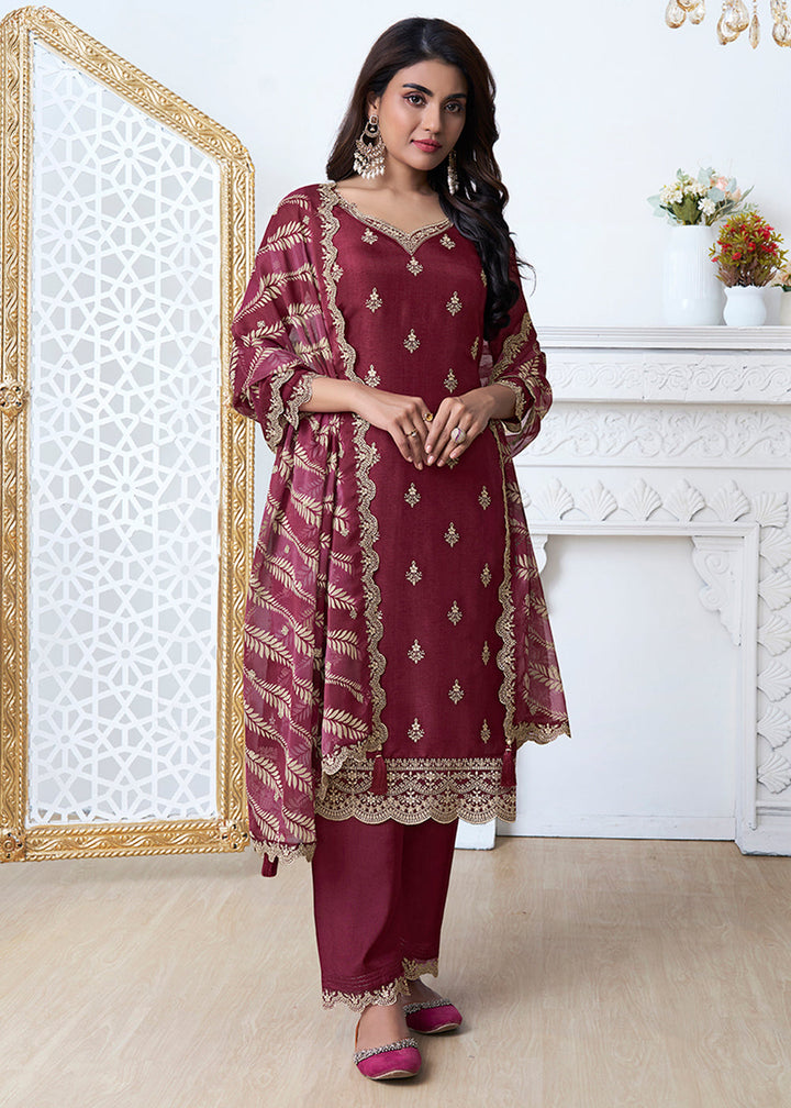 Wine Red Dola Silk Kurta Suit Set Featuring Thread Buttas and Digital Print Dupatta