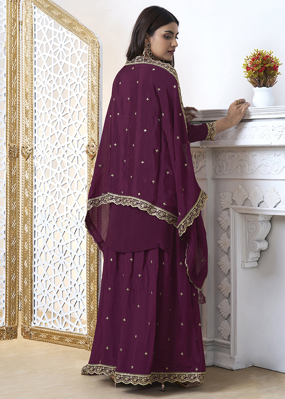 Imperial Purple Chinon Silk Floral Jacquard Embroidered Sharara Set