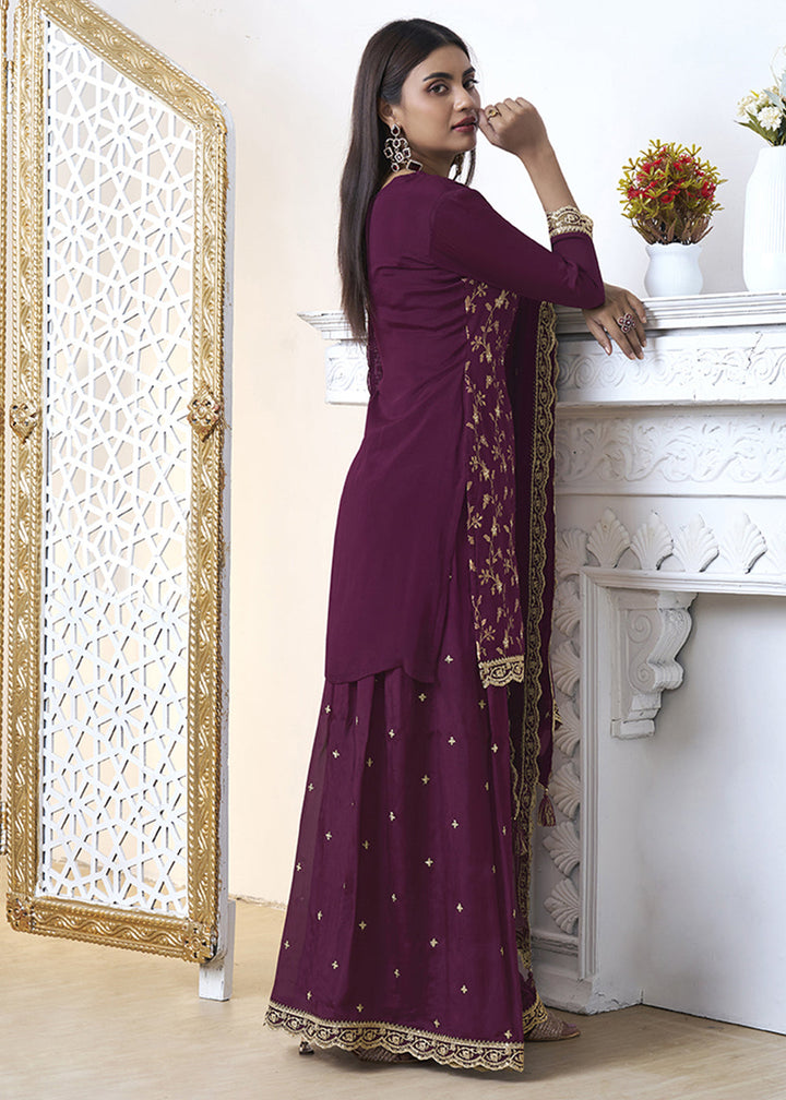 Imperial Purple Chinon Silk Floral Jacquard Embroidered Sharara Set