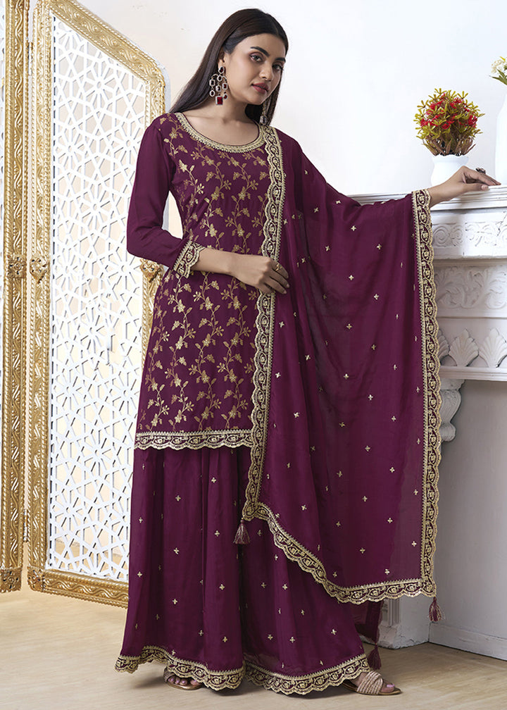 Imperial Purple Chinon Silk Floral Jacquard Embroidered Sharara Set