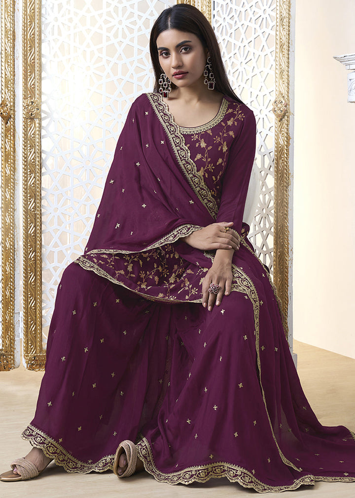 Imperial Purple Chinon Silk Floral Jacquard Embroidered Sharara Set