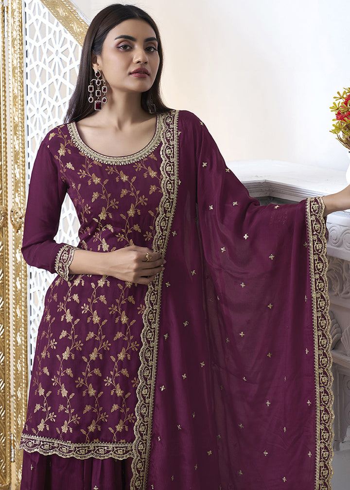 Imperial Purple Chinon Silk Floral Jacquard Embroidered Sharara Set