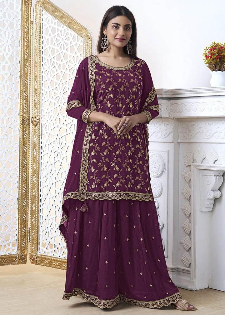 Imperial Purple Chinon Silk Floral Jacquard Embroidered Sharara Set