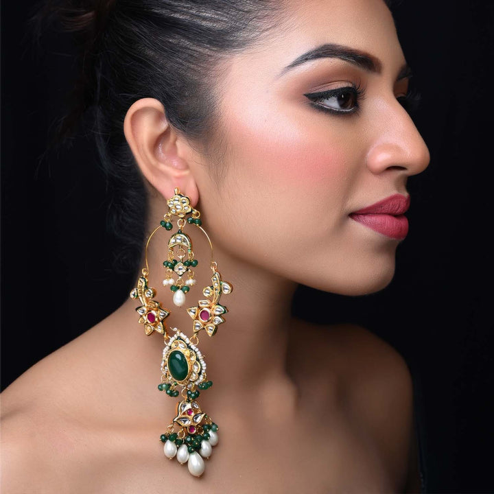 Prachi Long Kundan Earrings With Green Stone