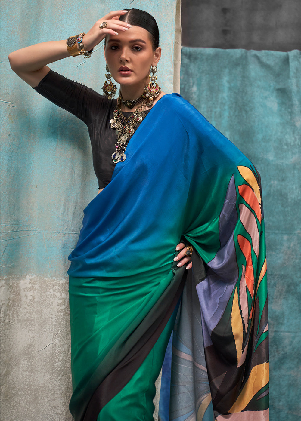 Multicolored Designer Printed Silk Crepe Saree