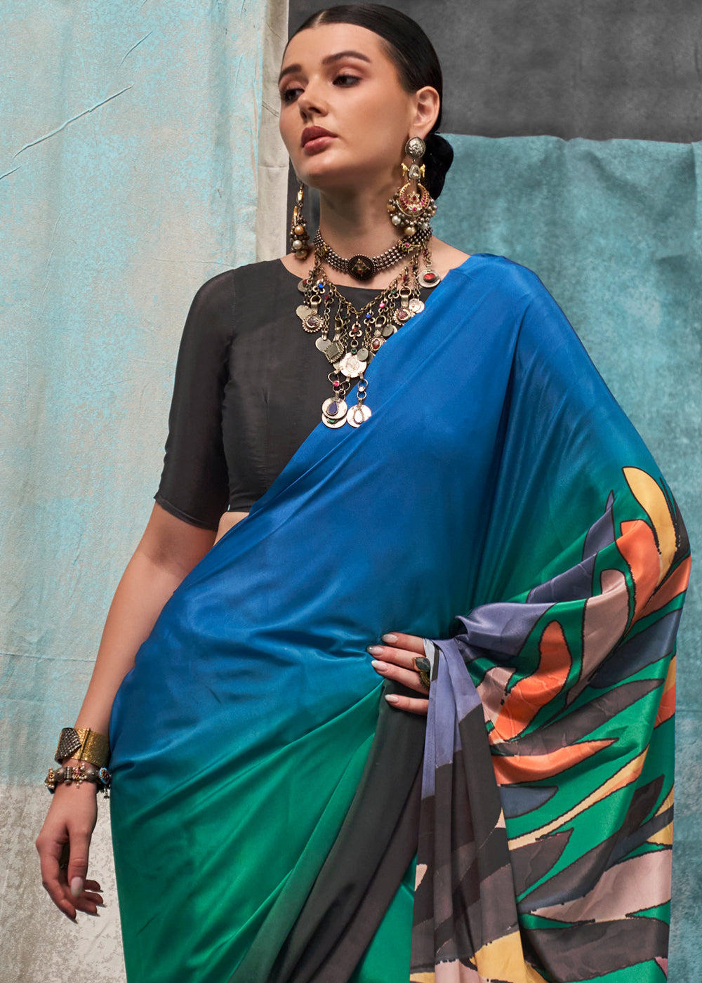 Multicolored Designer Printed Silk Crepe Saree