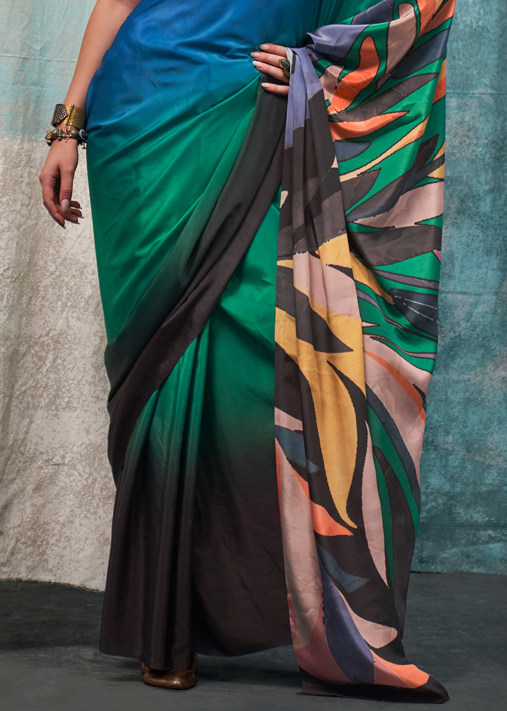 Multicolored Designer Printed Silk Crepe Saree