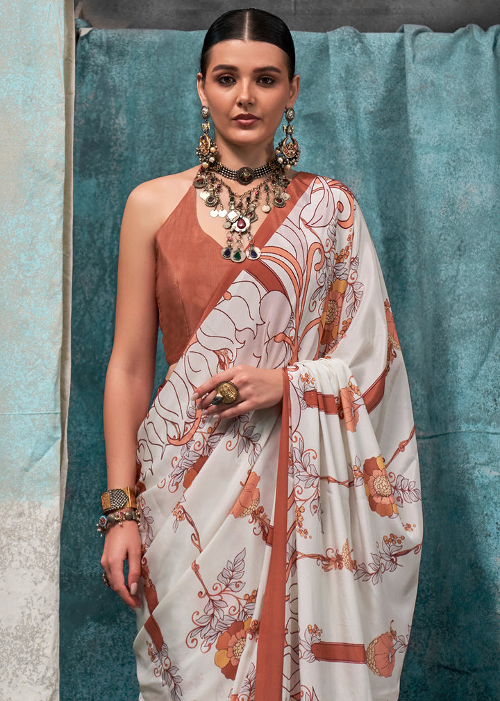 Parchment White Designer Printed Silk Crepe Saree