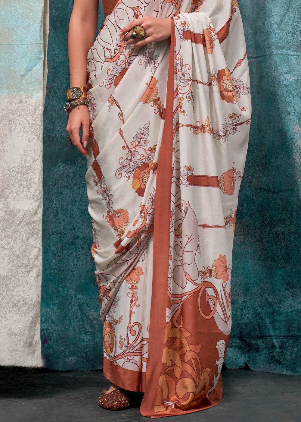 Parchment White Designer Printed Silk Crepe Saree