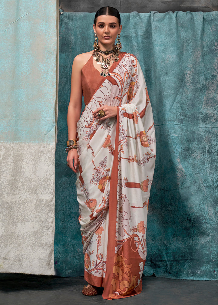 Parchment White Designer Printed Silk Crepe Saree