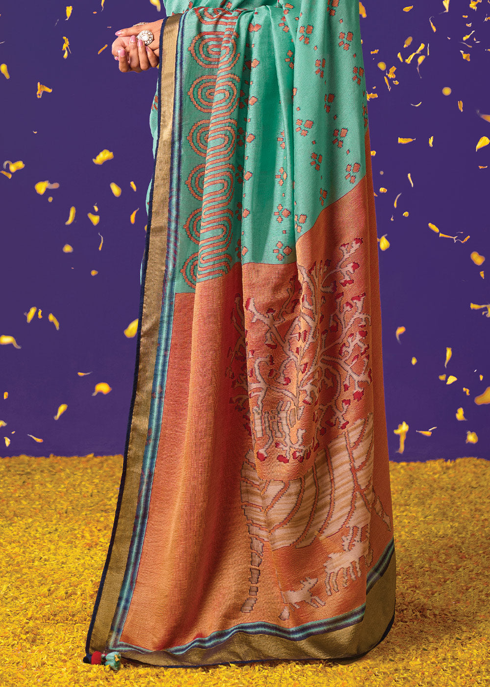 Blue & Orange Printed Paithani Silk Saree with Embroidered Blouse